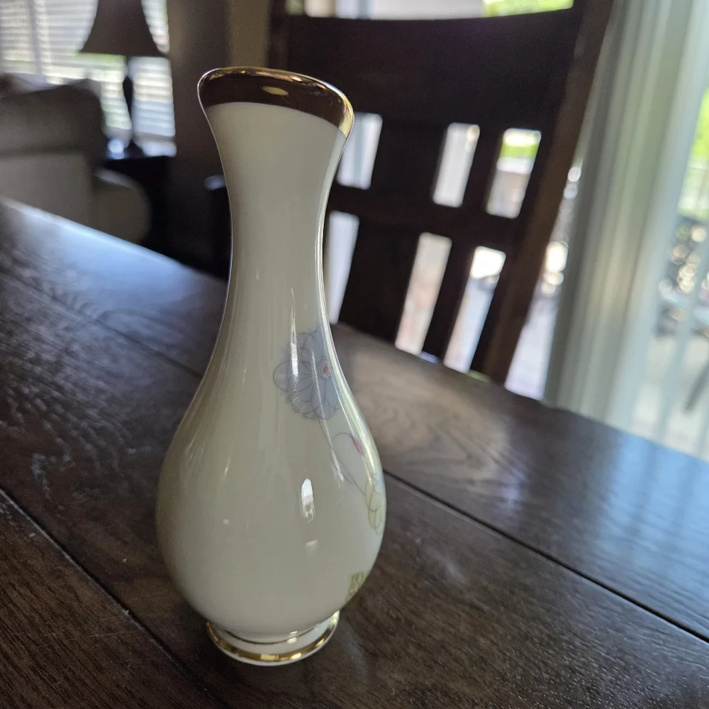 Mid Century Asymetic Floral Vase With Handle Floral With Gold Trim